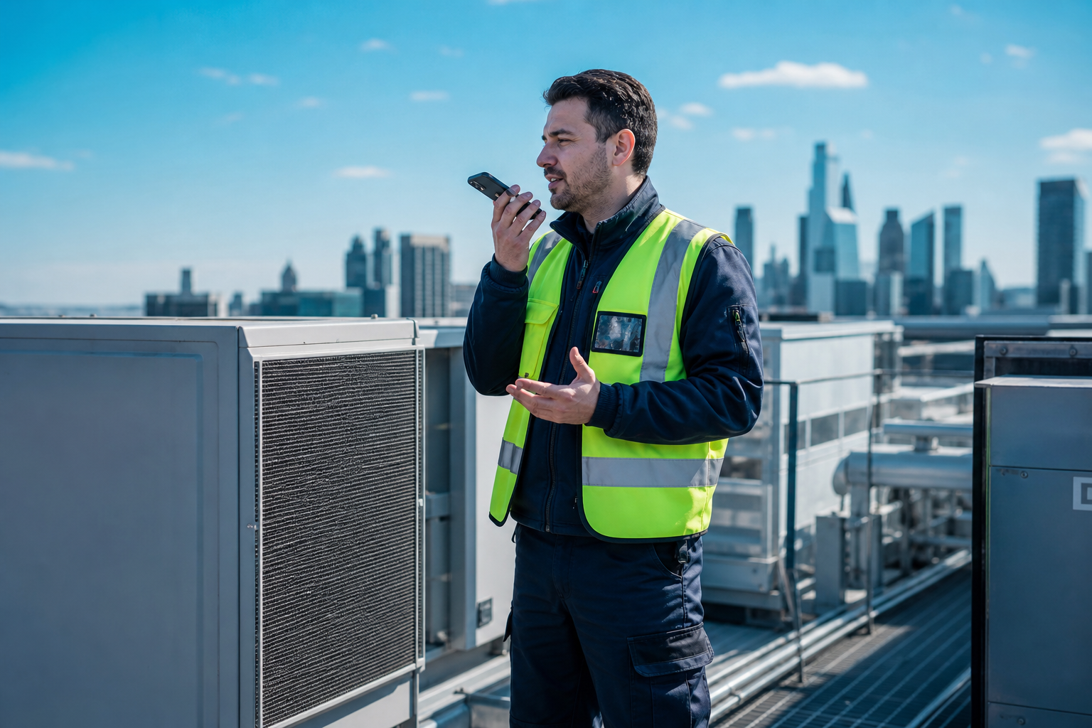 Technician on a rooftop recording a voice note for Ava