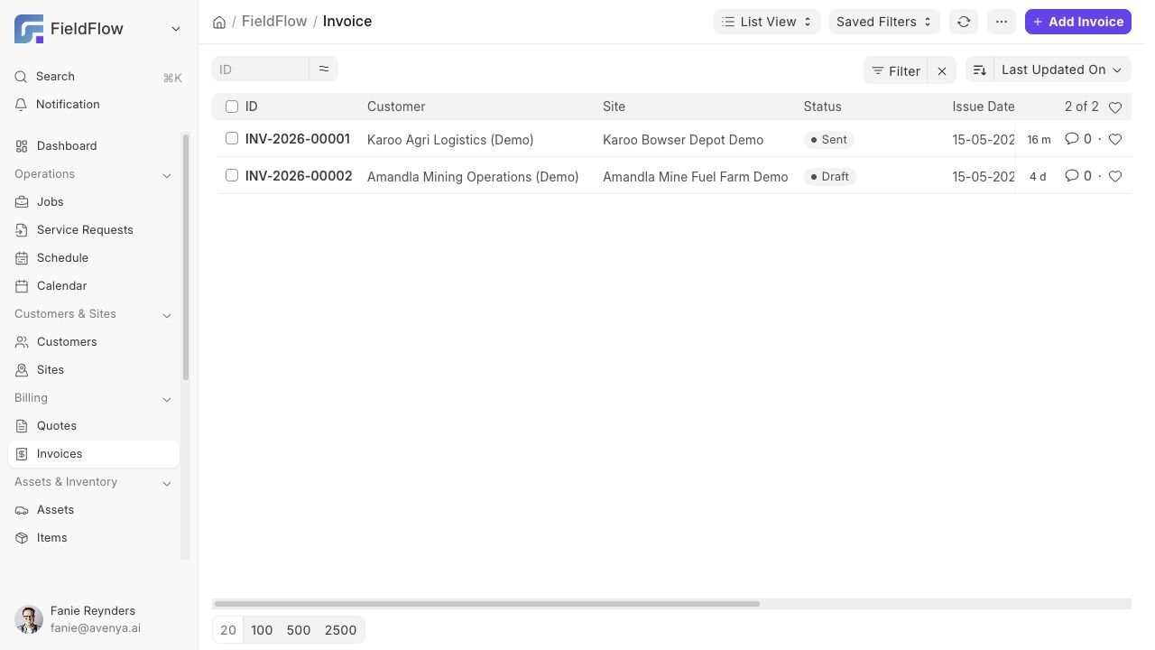 FieldFlow invoices list with statuses