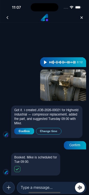 Ava's chat screen in the FieldFlow mobile app
