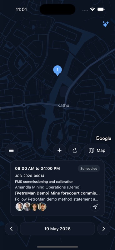 FieldFlow mobile app showing the day's jobs on a map