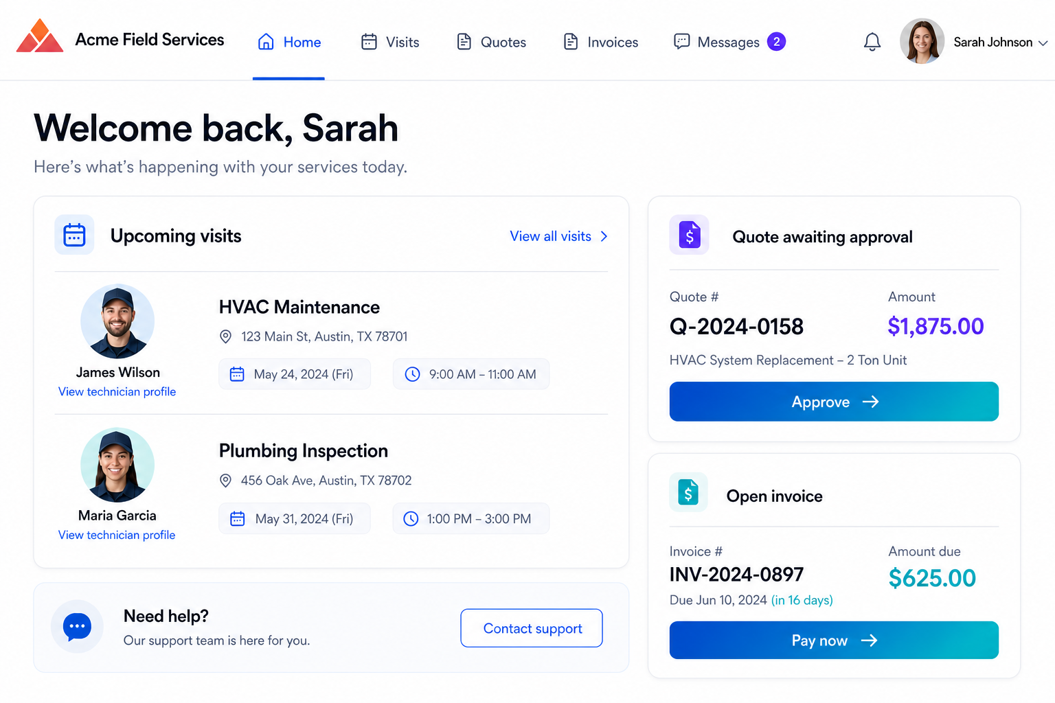 Customer portal in the service company's own branding, showing upcoming visits, quote approval and invoice payment
