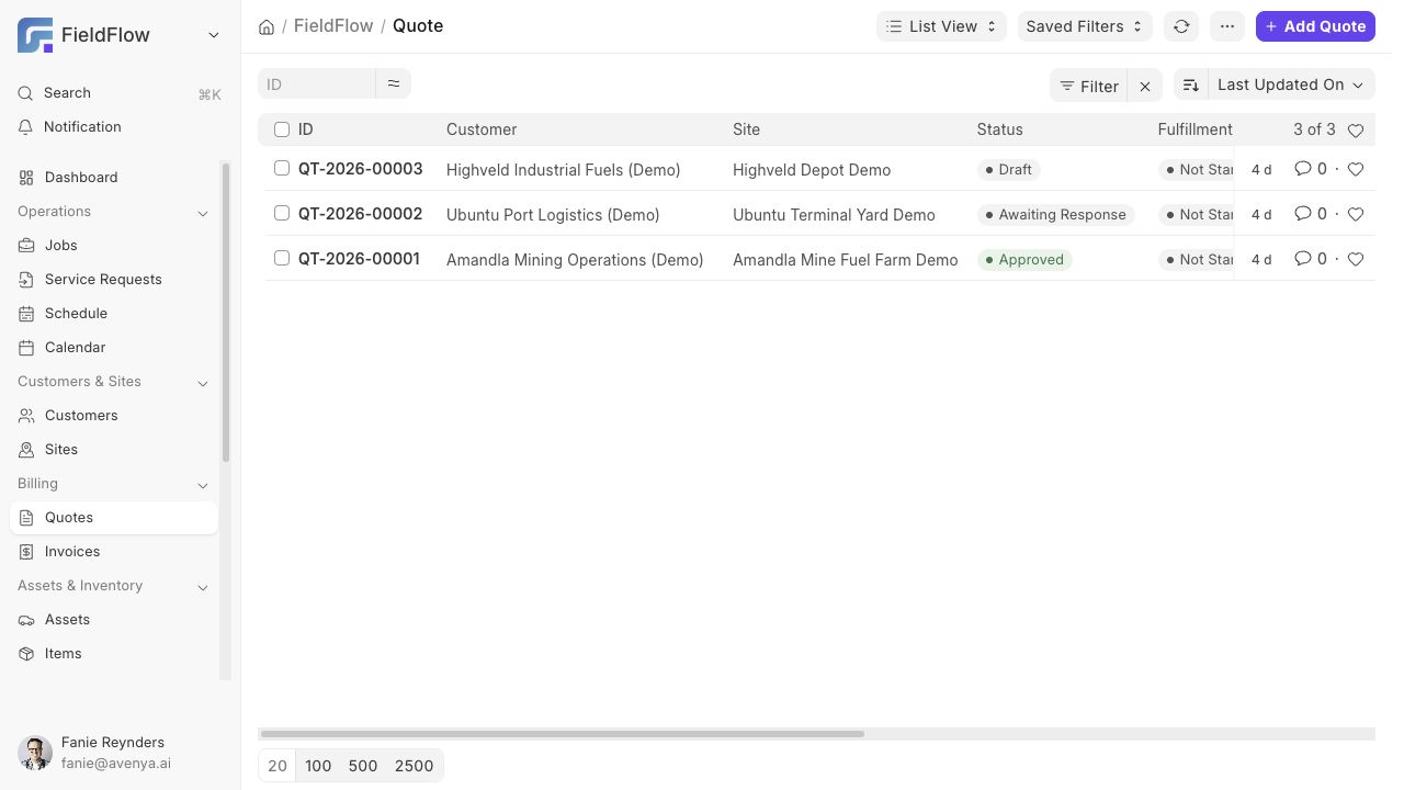 FieldFlow quotes with approval statuses