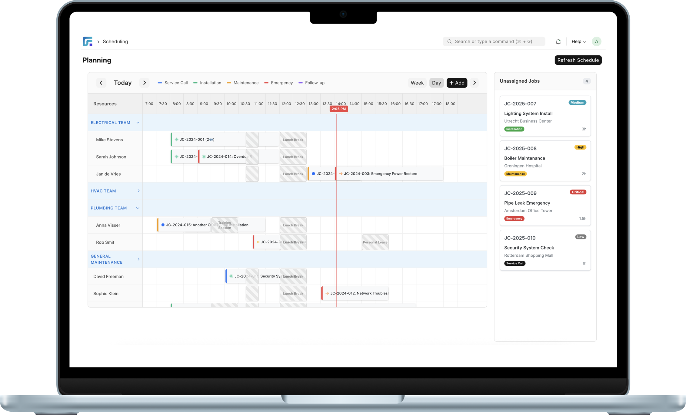 FieldFlow scheduling board on a laptop